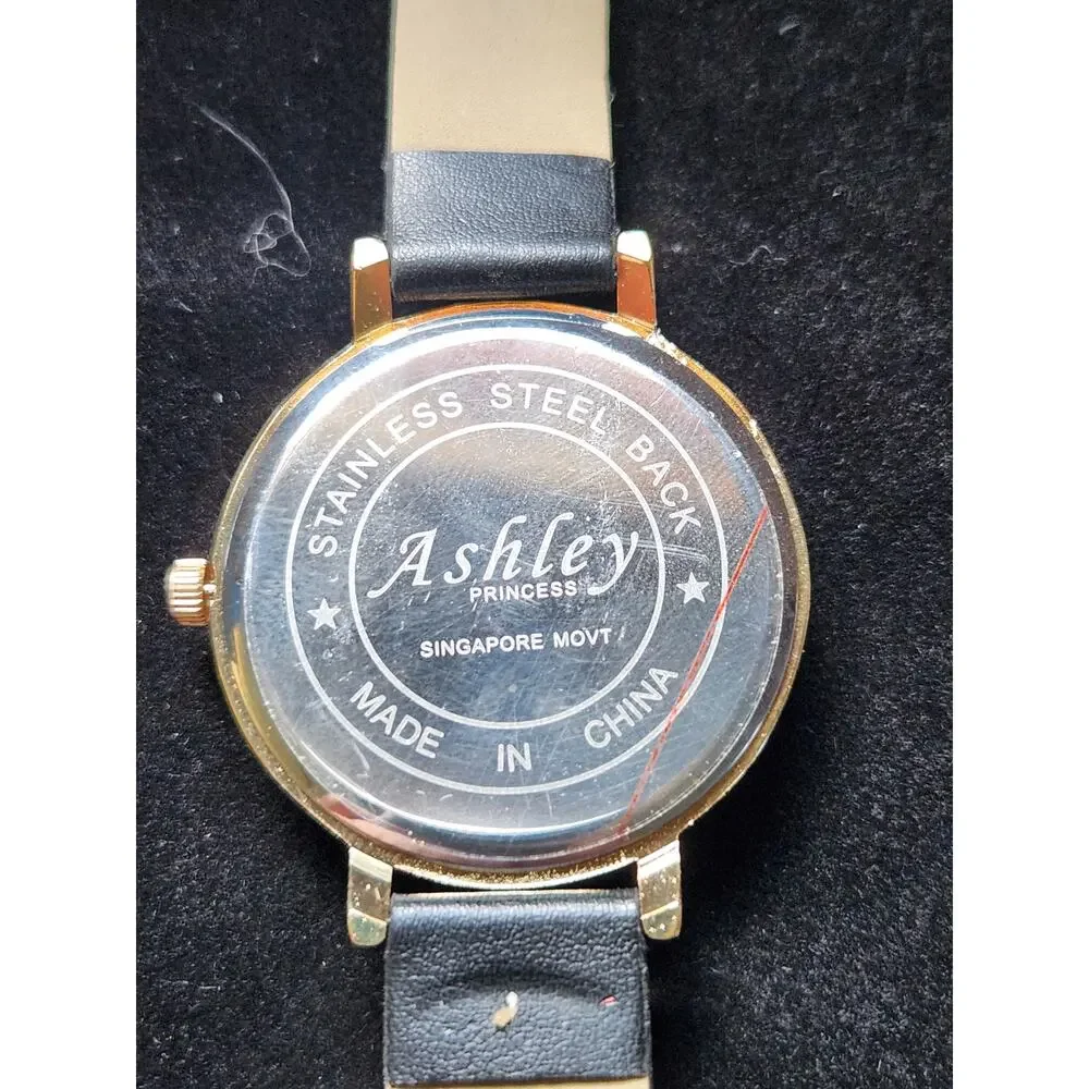 Ashley Princess Gold Tone Quartz Watch Black Glitter Dial Leather Strap